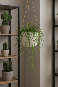 Rhipsalis Hatiora w białej wiszącej doniczce, zawieszona w nowoczesnym wnętrzu wśród półek z innymi kaktusami i epifitami.