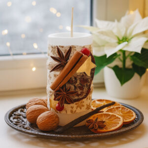 Świąteczna świeca dekoracyjna biała z przyprawami korzennymi