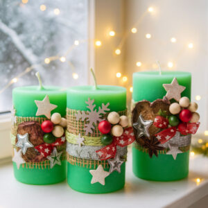 Zestaw świątecznych świec dekoracyjnych zielonych