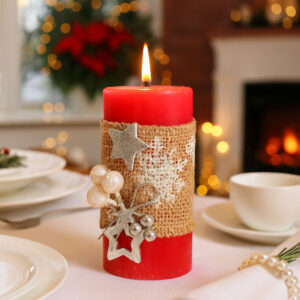 Świąteczna świeca dekoracyjna różowa z jutą i gwiazdkami