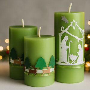 Zestaw zielonych świec świątecznych – ręcznie dekorowane